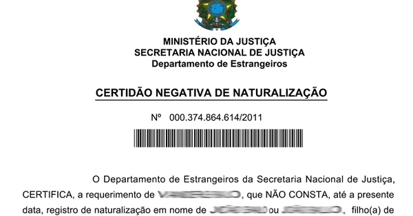 Código Certidão Negativa de Naturalização